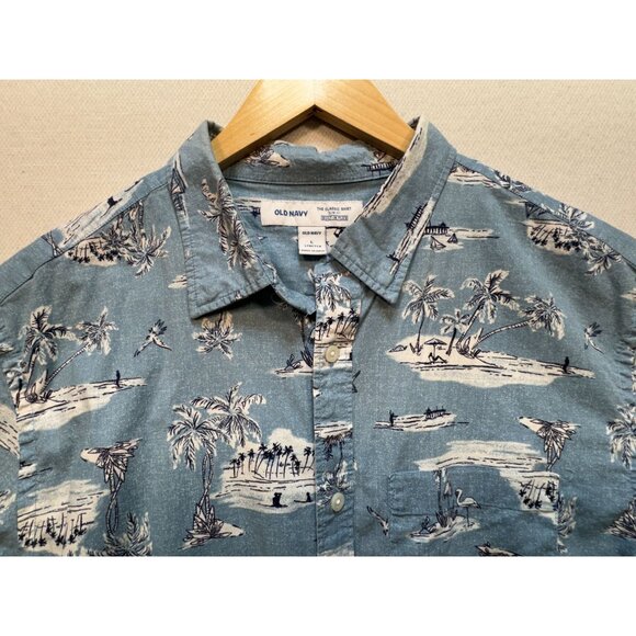 Old Navy Men's The Classic Shirt Slim Fit Palm Hawaiian Button Down Size L Blue - Picture 5 of 11